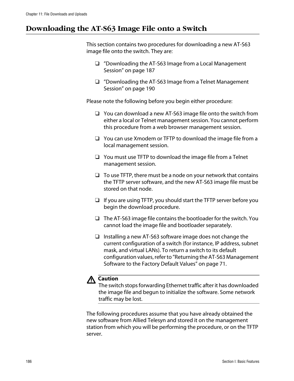 Downloading the at-s63 image file onto a switch | Allied Telesis AT-S63 User Manual | Page 186 / 710