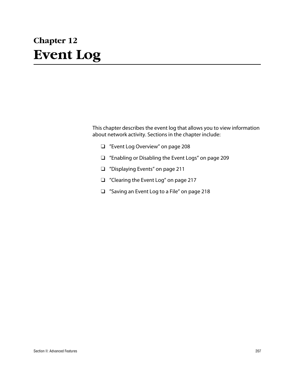 Chapter 12, Event log, Chapter 12 event log | Allied Telesis AT-S63 User Manual | Page 207 / 710