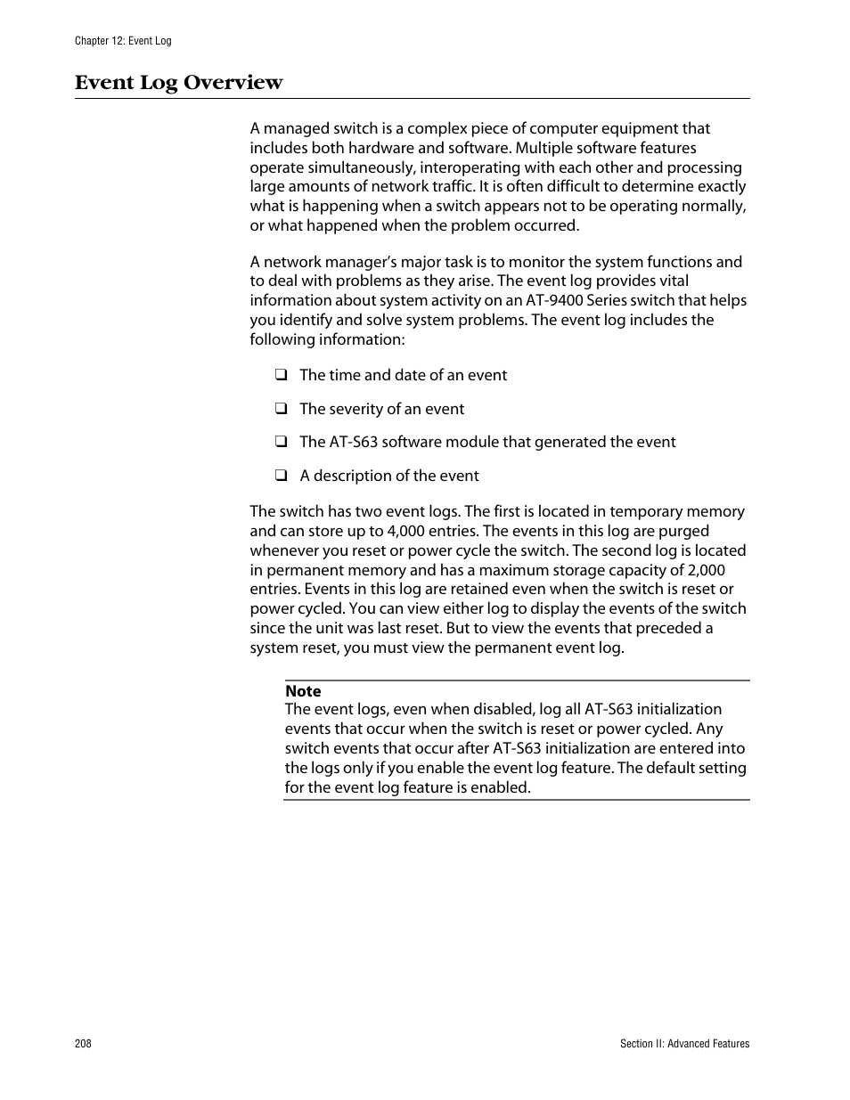 Event log overview | Allied Telesis AT-S63 User Manual | Page 208 / 710