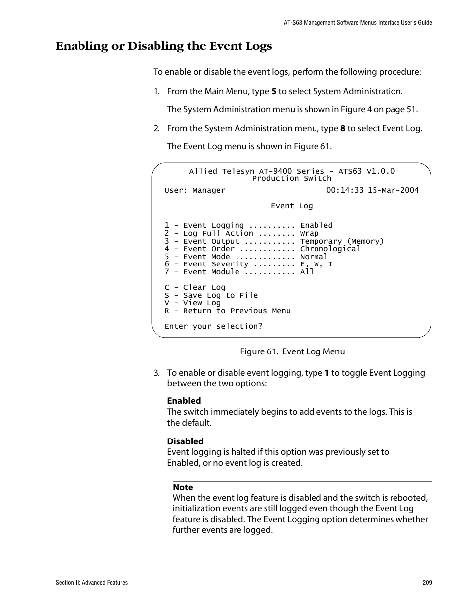 Enabling or disabling the event logs | Allied Telesis AT-S63 User Manual | Page 209 / 710