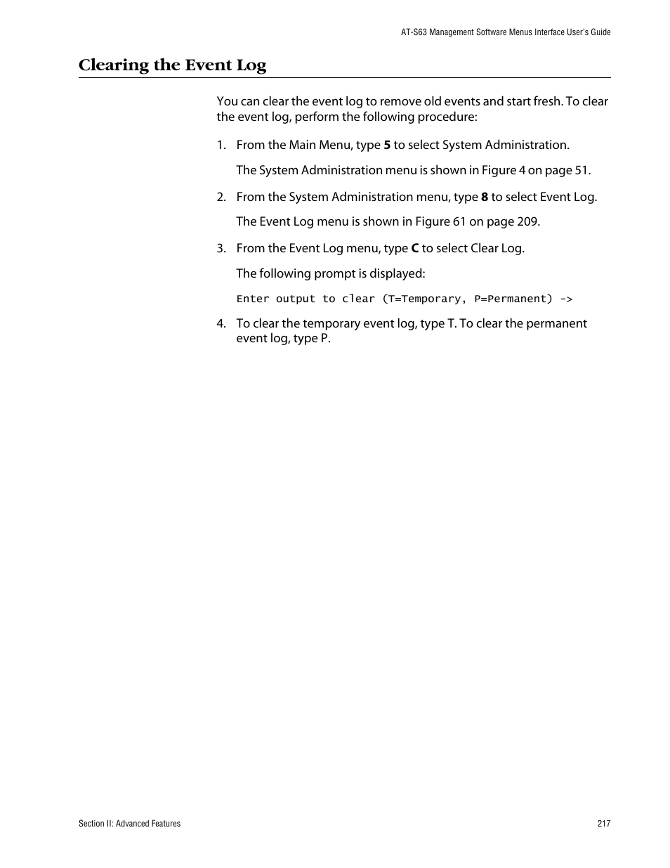 Clearing the event log | Allied Telesis AT-S63 User Manual | Page 217 / 710