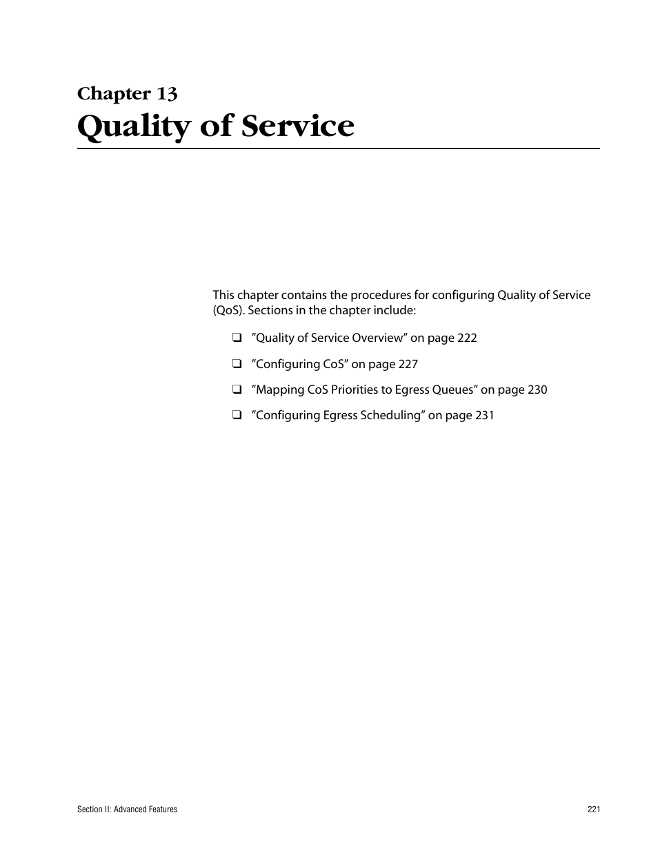 Chapter 13, Quality of service, Chapter 13 quality of service | Allied Telesis AT-S63 User Manual | Page 221 / 710