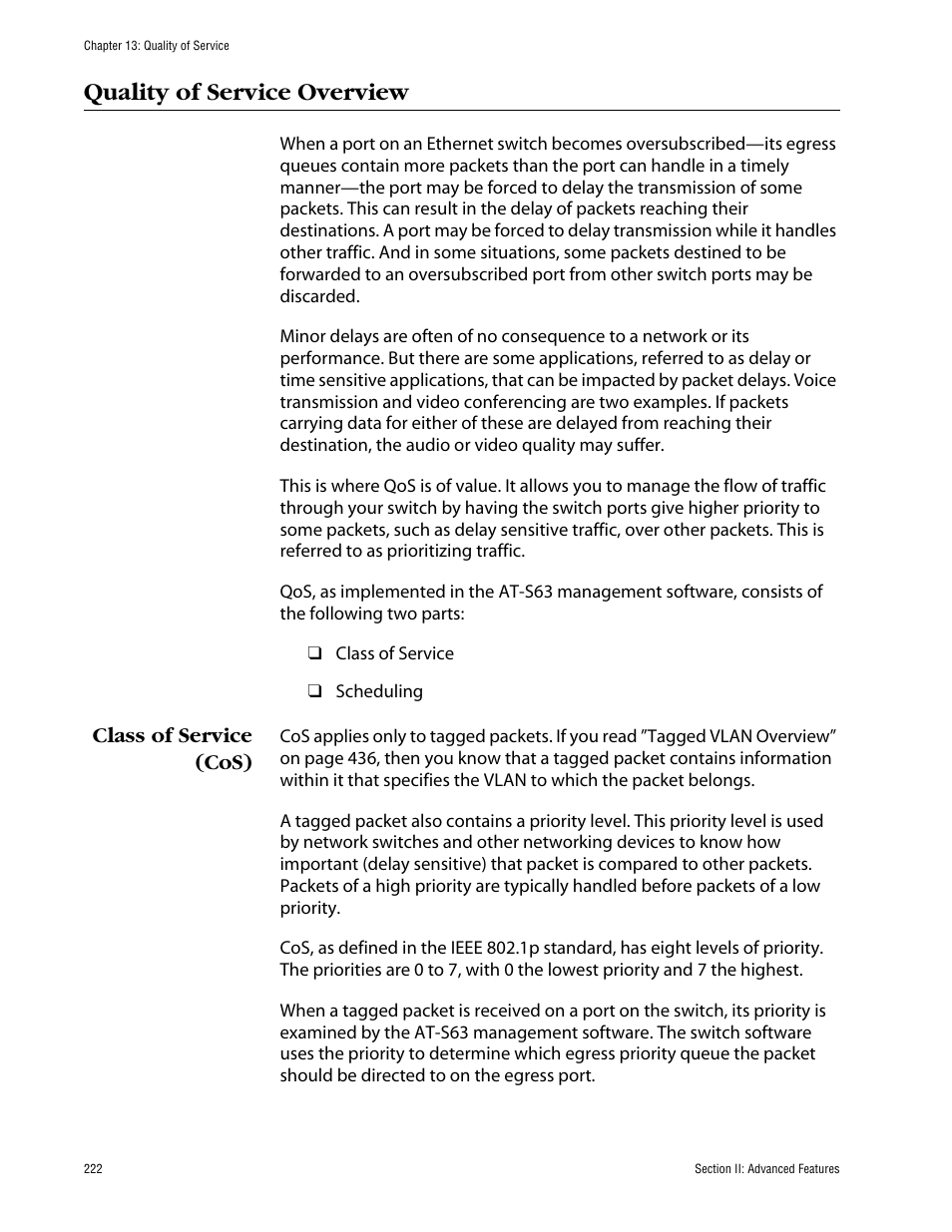 Quality of service overview, Class of service (cos) | Allied Telesis AT-S63 User Manual | Page 222 / 710