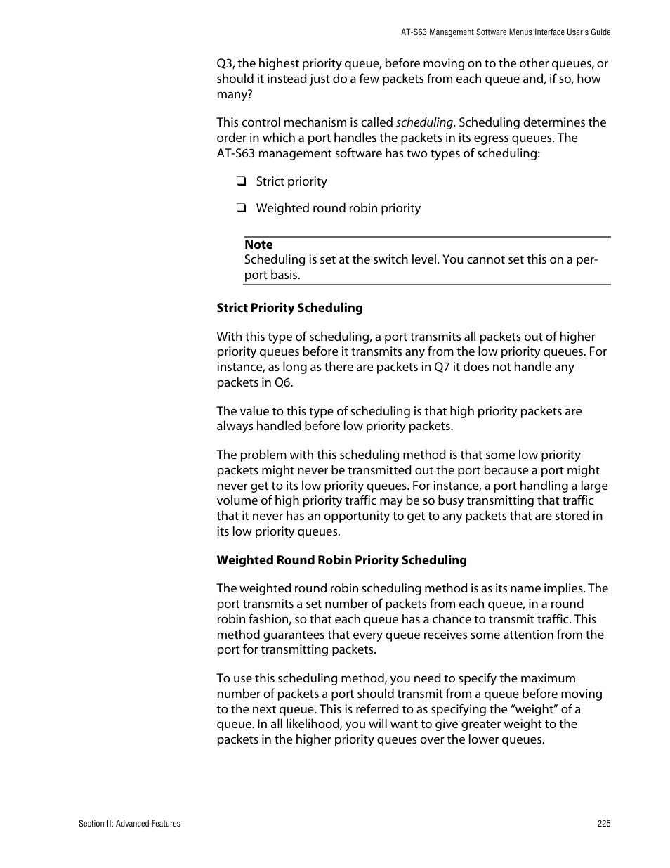 Strict priority scheduling, Weighted round robin priority scheduling | Allied Telesis AT-S63 User Manual | Page 225 / 710