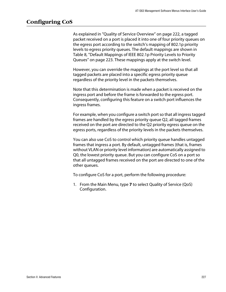 Configuring cos | Allied Telesis AT-S63 User Manual | Page 227 / 710