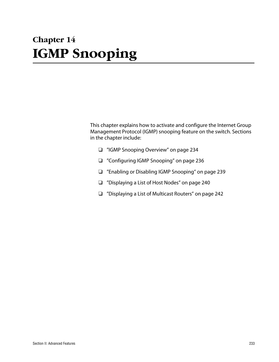 Chapter 14, Igmp snooping, Chapter 14 igmp snooping | Allied Telesis AT-S63 User Manual | Page 233 / 710