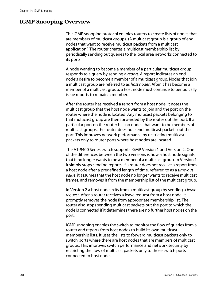 Igmp snooping overview | Allied Telesis AT-S63 User Manual | Page 234 / 710
