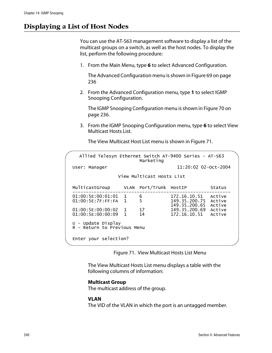 Displaying a list of host nodes | Allied Telesis AT-S63 User Manual | Page 240 / 710