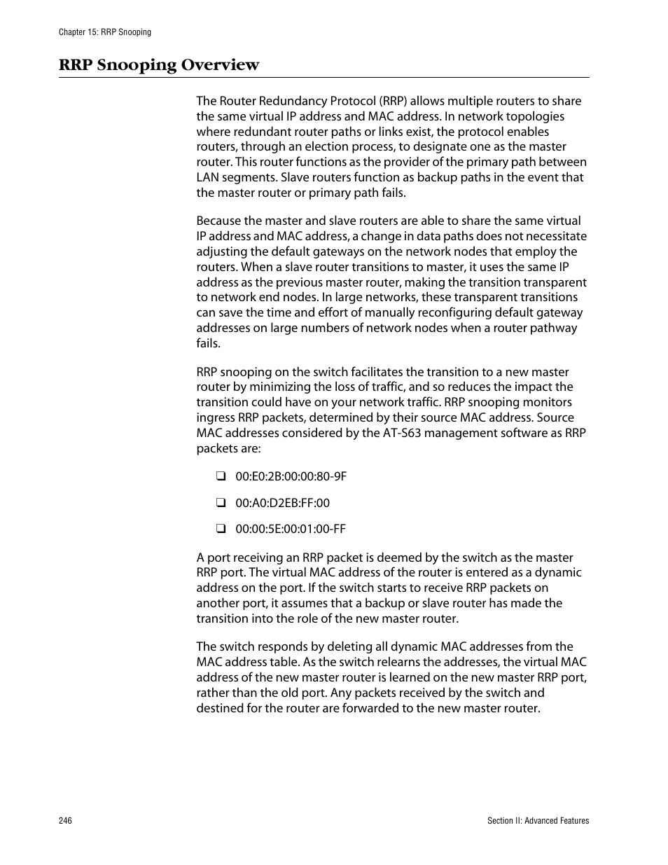 Rrp snooping overview | Allied Telesis AT-S63 User Manual | Page 246 / 710