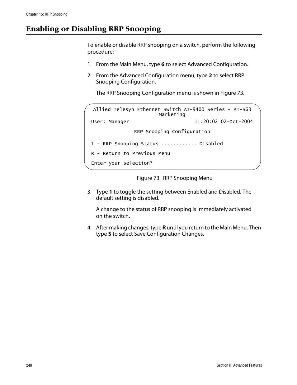 Enabling or disabling rrp snooping | Allied Telesis AT-S63 User Manual | Page 248 / 710