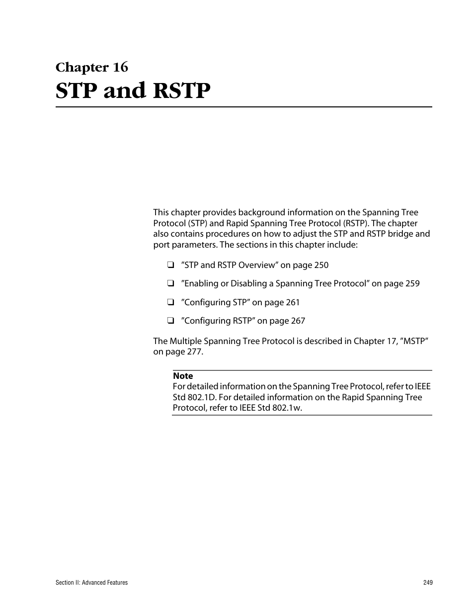 Chapter 16, Stp and rstp, Chapter 16 stp and rstp | Allied Telesis AT-S63 User Manual | Page 249 / 710