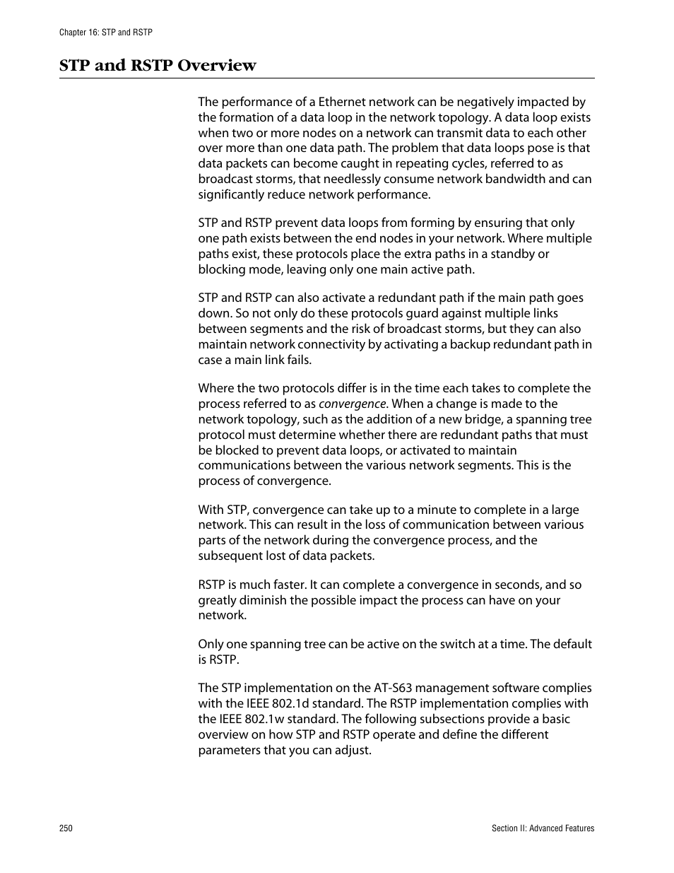 Stp and rstp overview | Allied Telesis AT-S63 User Manual | Page 250 / 710