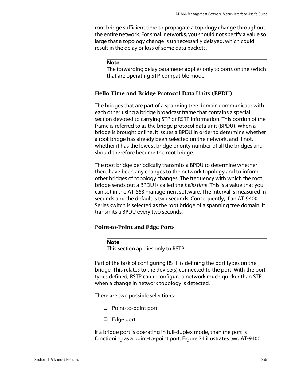 Hello time and bridge protocol data units (bpdu), Point-to-point and edge ports | Allied Telesis AT-S63 User Manual | Page 255 / 710