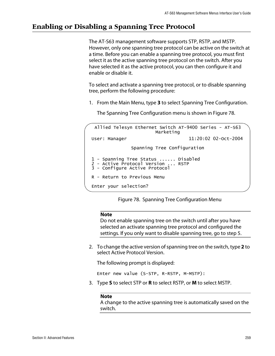 Enabling or disabling a spanning tree protocol | Allied Telesis AT-S63 User Manual | Page 259 / 710