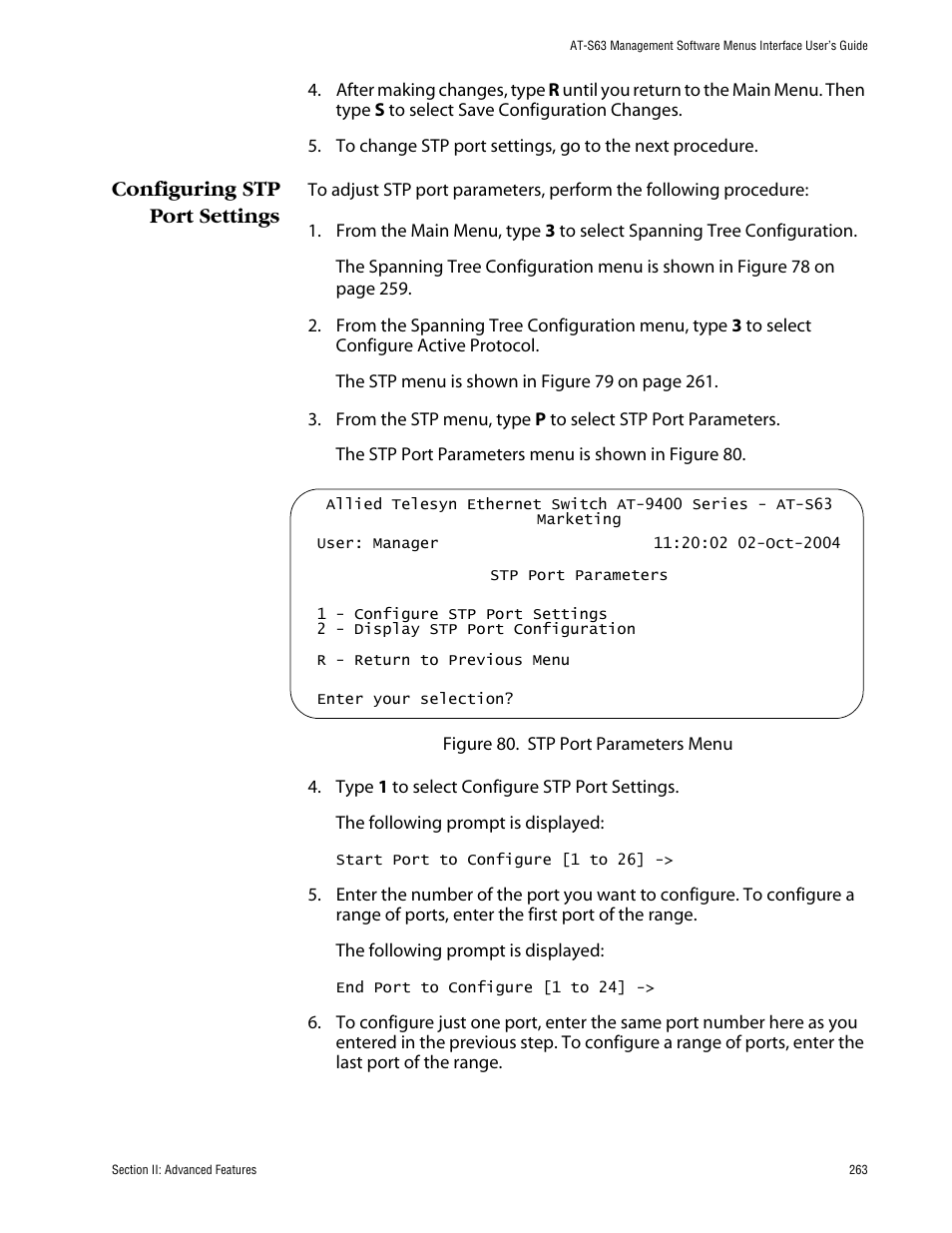Configuring stp port settings | Allied Telesis AT-S63 User Manual | Page 263 / 710