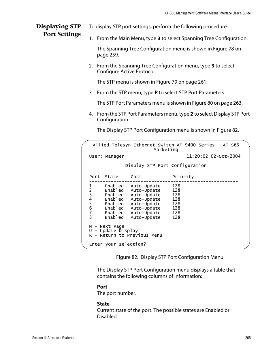 Displaying stp port settings | Allied Telesis AT-S63 User Manual | Page 265 / 710