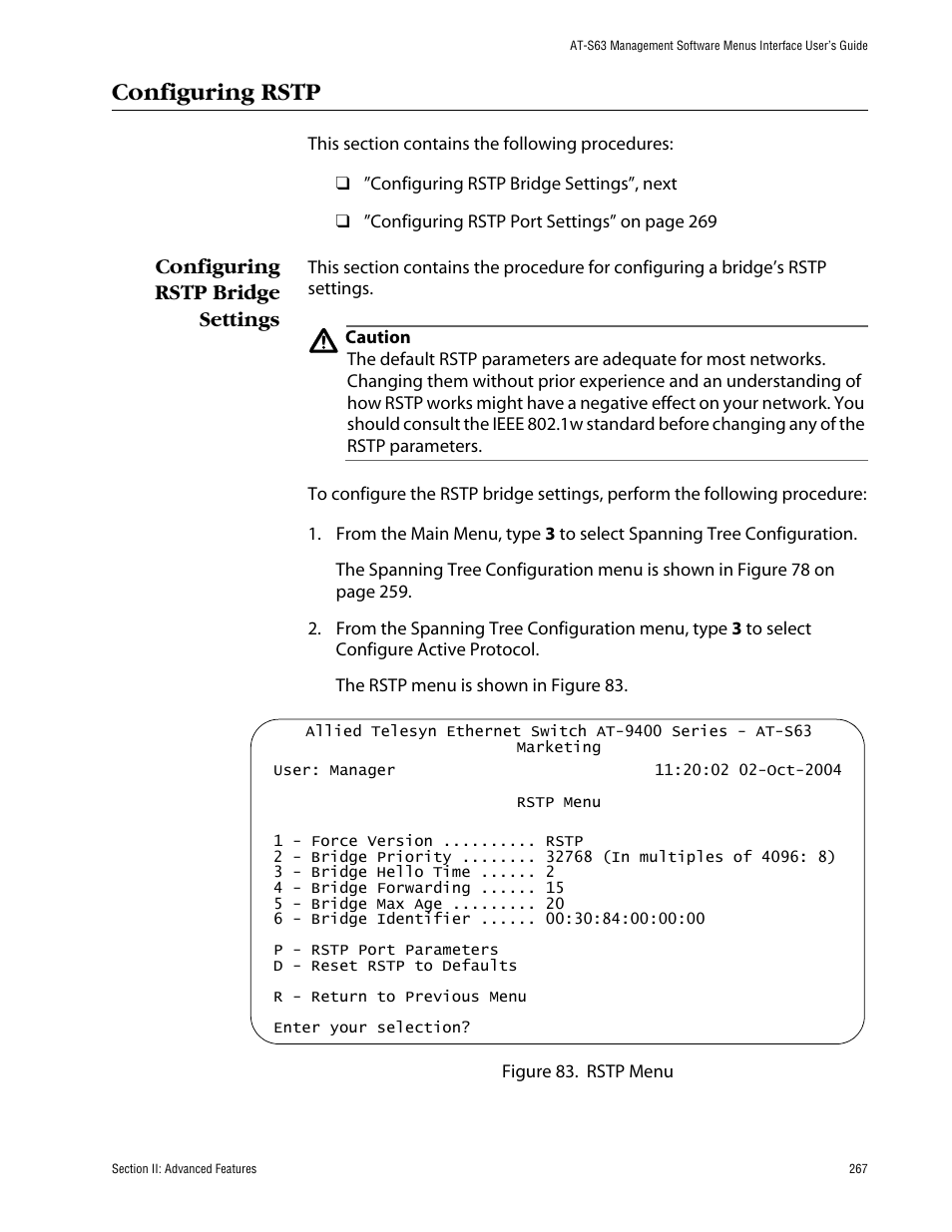 Configuring rstp, Configuring rstp bridge settings | Allied Telesis AT-S63 User Manual | Page 267 / 710