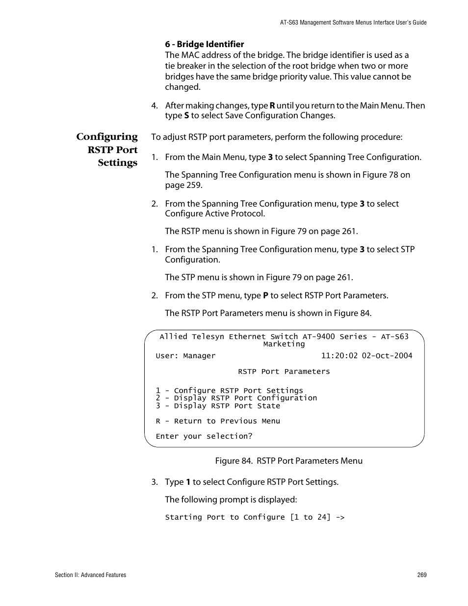 Configuring rstp port settings | Allied Telesis AT-S63 User Manual | Page 269 / 710