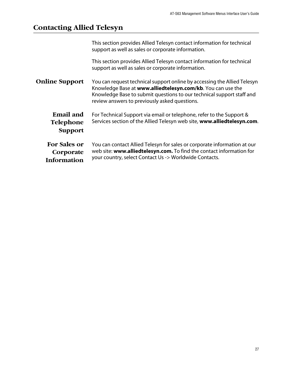 Contacting allied telesyn, Online support, Email and telephone support | For sales or corporate information | Allied Telesis AT-S63 User Manual | Page 27 / 710
