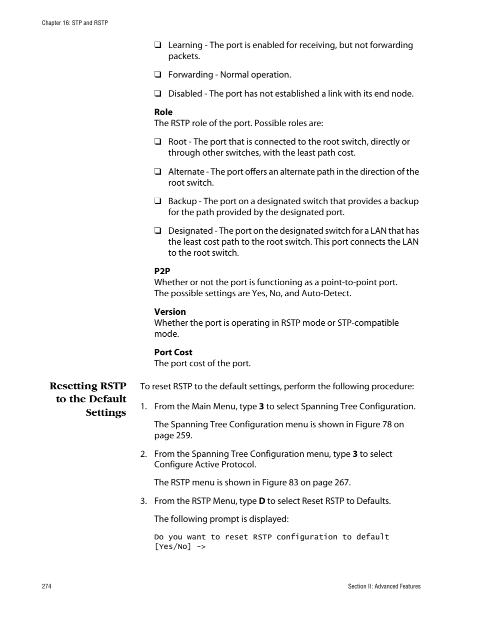 Resetting rstp to the default settings | Allied Telesis AT-S63 User Manual | Page 274 / 710