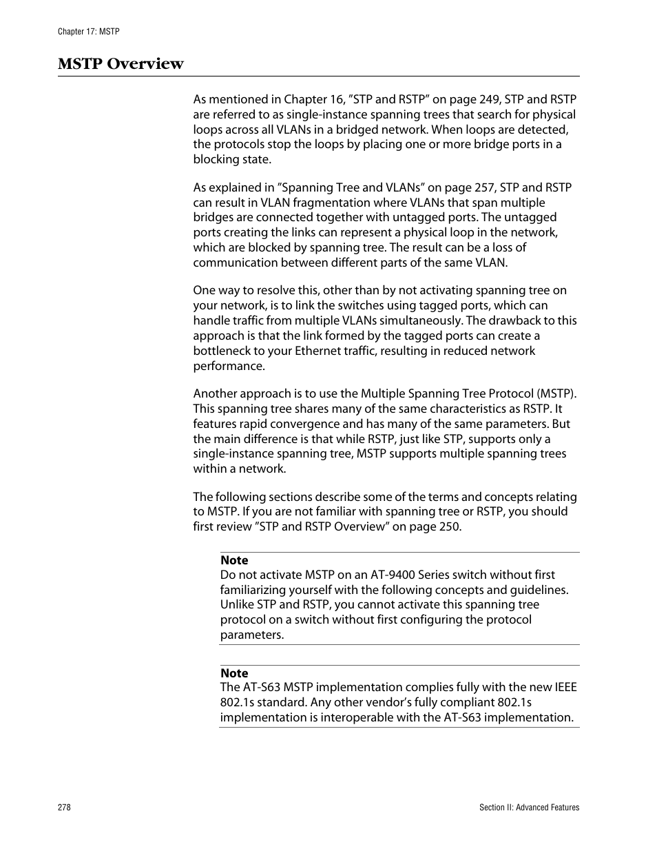 Mstp overview | Allied Telesis AT-S63 User Manual | Page 278 / 710