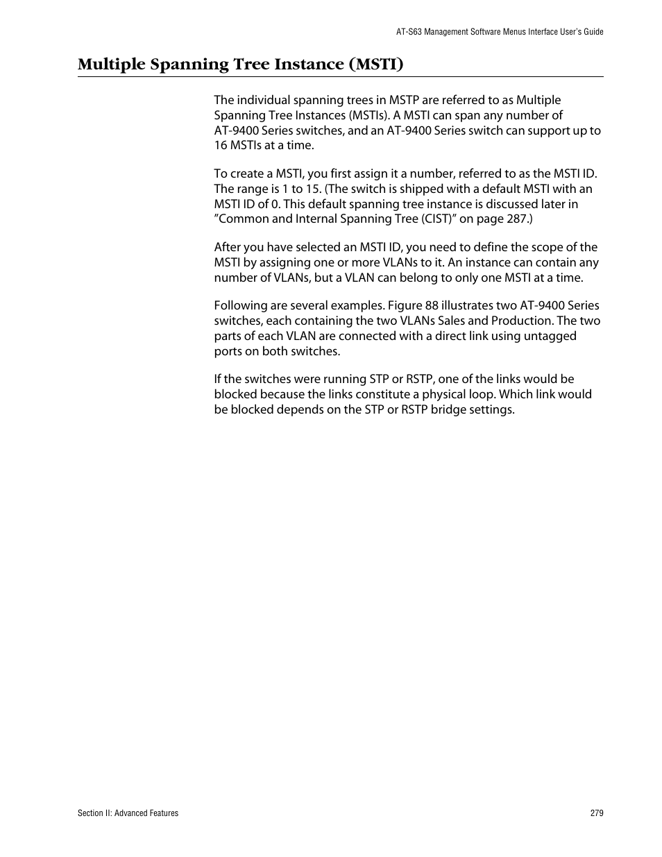 Multiple spanning tree instance (msti) | Allied Telesis AT-S63 User Manual | Page 279 / 710