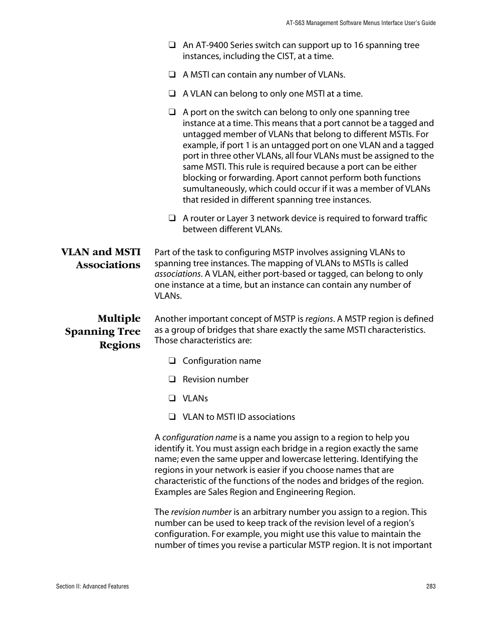 Vlan and msti associations, Multiple spanning tree regions | Allied Telesis AT-S63 User Manual | Page 283 / 710