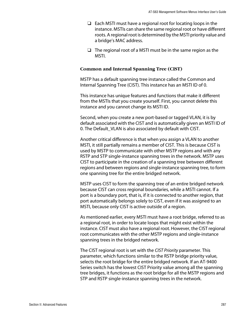Common and internal spanning tree (cist) | Allied Telesis AT-S63 User Manual | Page 287 / 710