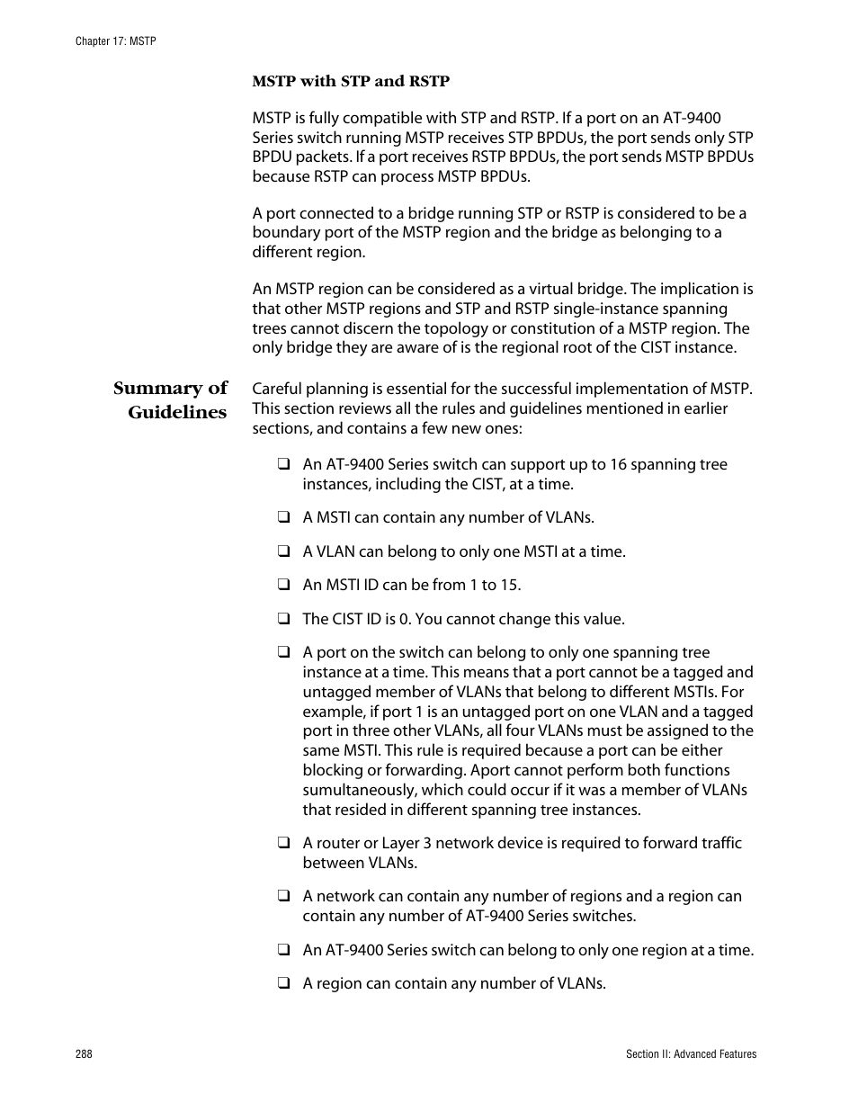 Mstp with stp and rstp, Summary of guidelines | Allied Telesis AT-S63 User Manual | Page 288 / 710