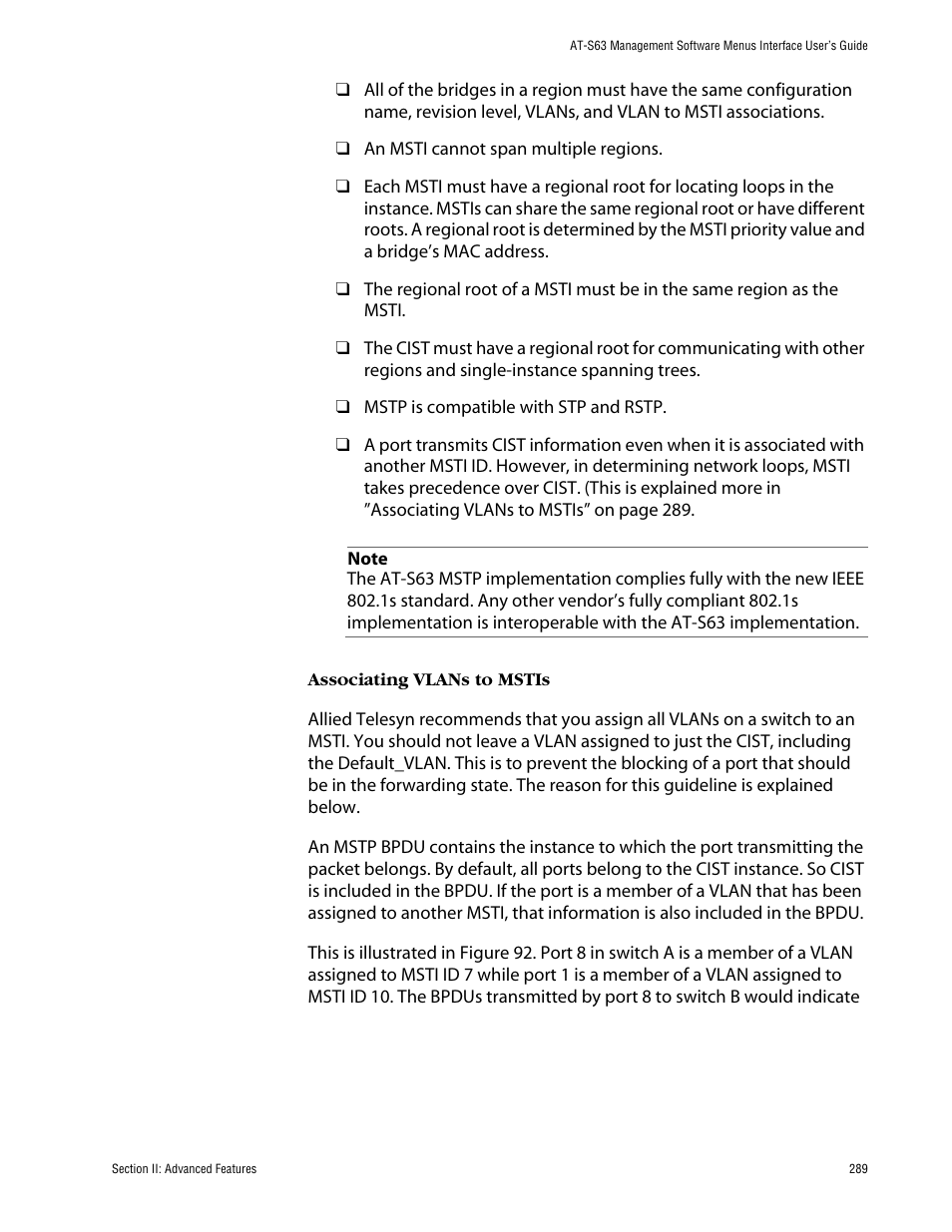 Associating vlans to mstis | Allied Telesis AT-S63 User Manual | Page 289 / 710
