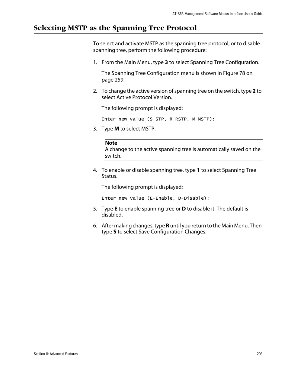 Selecting mstp as the spanning tree protocol | Allied Telesis AT-S63 User Manual | Page 293 / 710