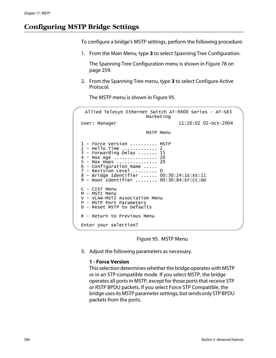 Configuring mstp bridge settings | Allied Telesis AT-S63 User Manual | Page 294 / 710