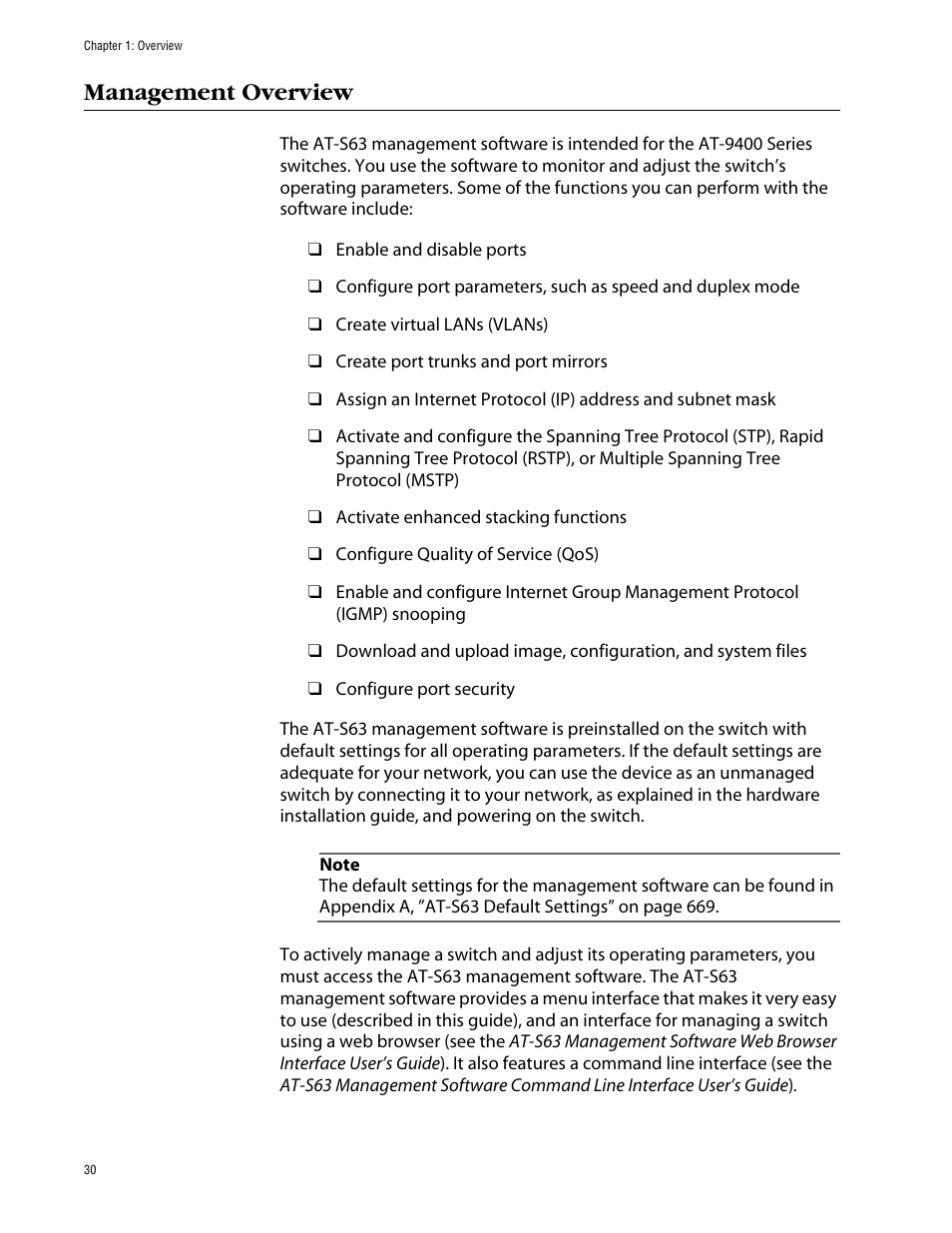 Management overview | Allied Telesis AT-S63 User Manual | Page 30 / 710