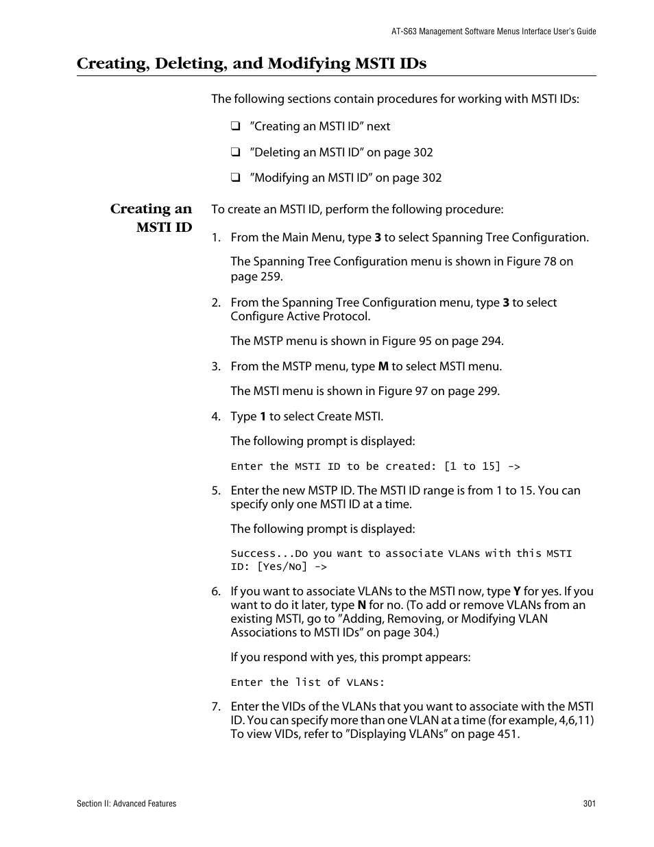 Creating, deleting, and modifying msti ids, Creating an msti id | Allied Telesis AT-S63 User Manual | Page 301 / 710