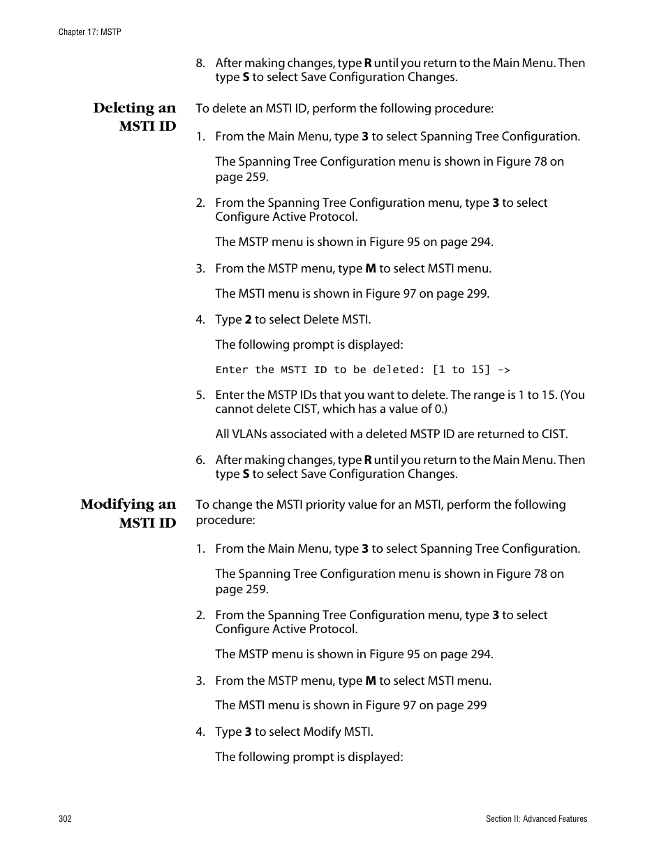 Deleting an msti id, Modifying an msti id, Deleting an msti id modifying an msti id | Allied Telesis AT-S63 User Manual | Page 302 / 710