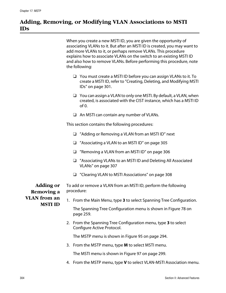 Adding or removing a vlan from an msti id | Allied Telesis AT-S63 User Manual | Page 304 / 710