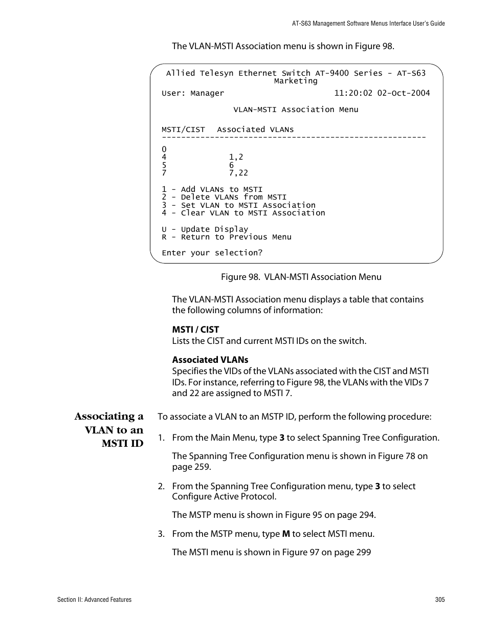 Associating a vlan to an msti id | Allied Telesis AT-S63 User Manual | Page 305 / 710