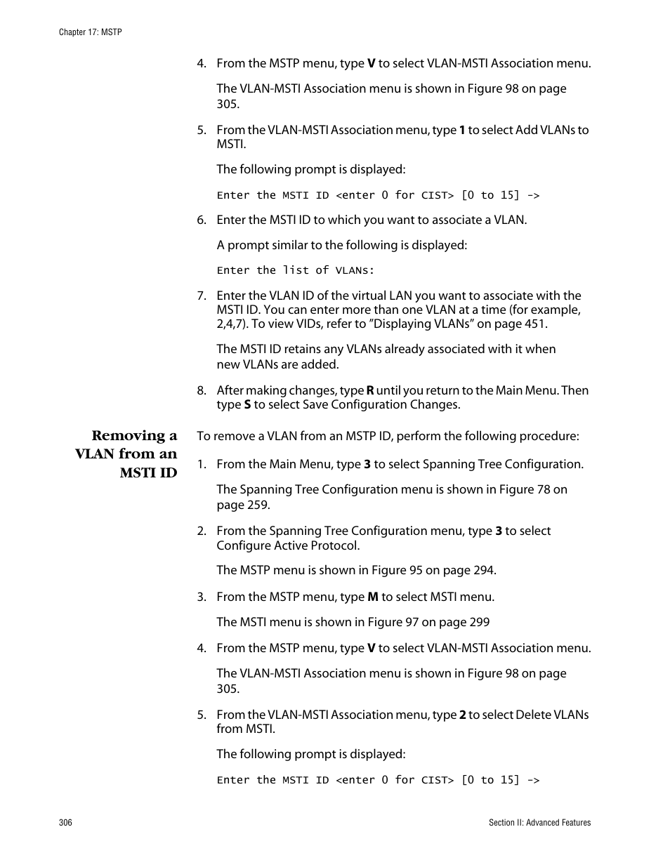 Removing a vlan from an msti id | Allied Telesis AT-S63 User Manual | Page 306 / 710