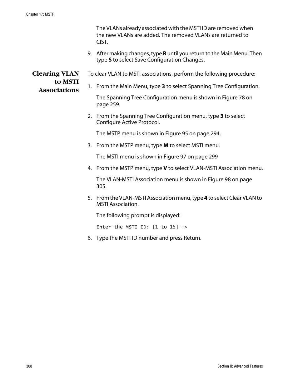Clearing vlan to msti associations | Allied Telesis AT-S63 User Manual | Page 308 / 710