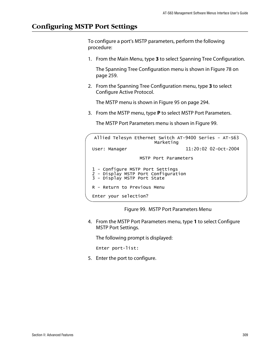 Configuring mstp port settings | Allied Telesis AT-S63 User Manual | Page 309 / 710