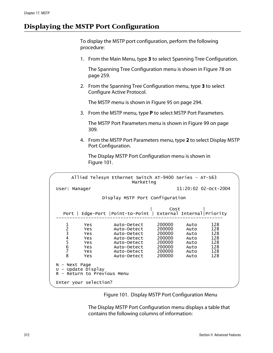 Displaying the mstp port configuration | Allied Telesis AT-S63 User Manual | Page 312 / 710