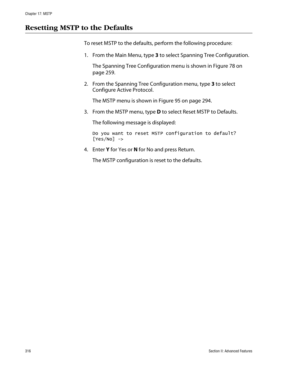Resetting mstp to the defaults | Allied Telesis AT-S63 User Manual | Page 316 / 710