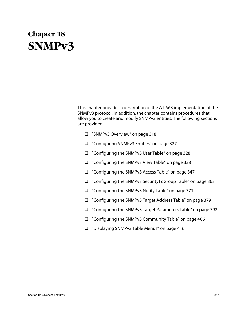 Chapter 18, Snmpv3, Chapter 18 snmpv3 | Allied Telesis AT-S63 User Manual | Page 317 / 710