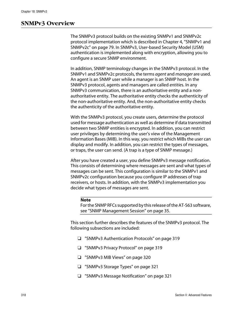 Snmpv3 overview | Allied Telesis AT-S63 User Manual | Page 318 / 710