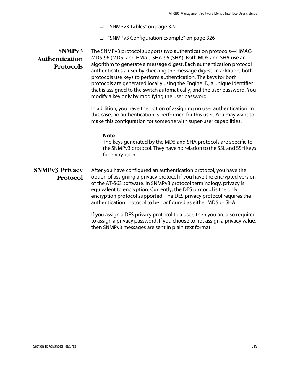 Snmpv3 authentication protocols, Snmpv3 privacy protocol | Allied Telesis AT-S63 User Manual | Page 319 / 710