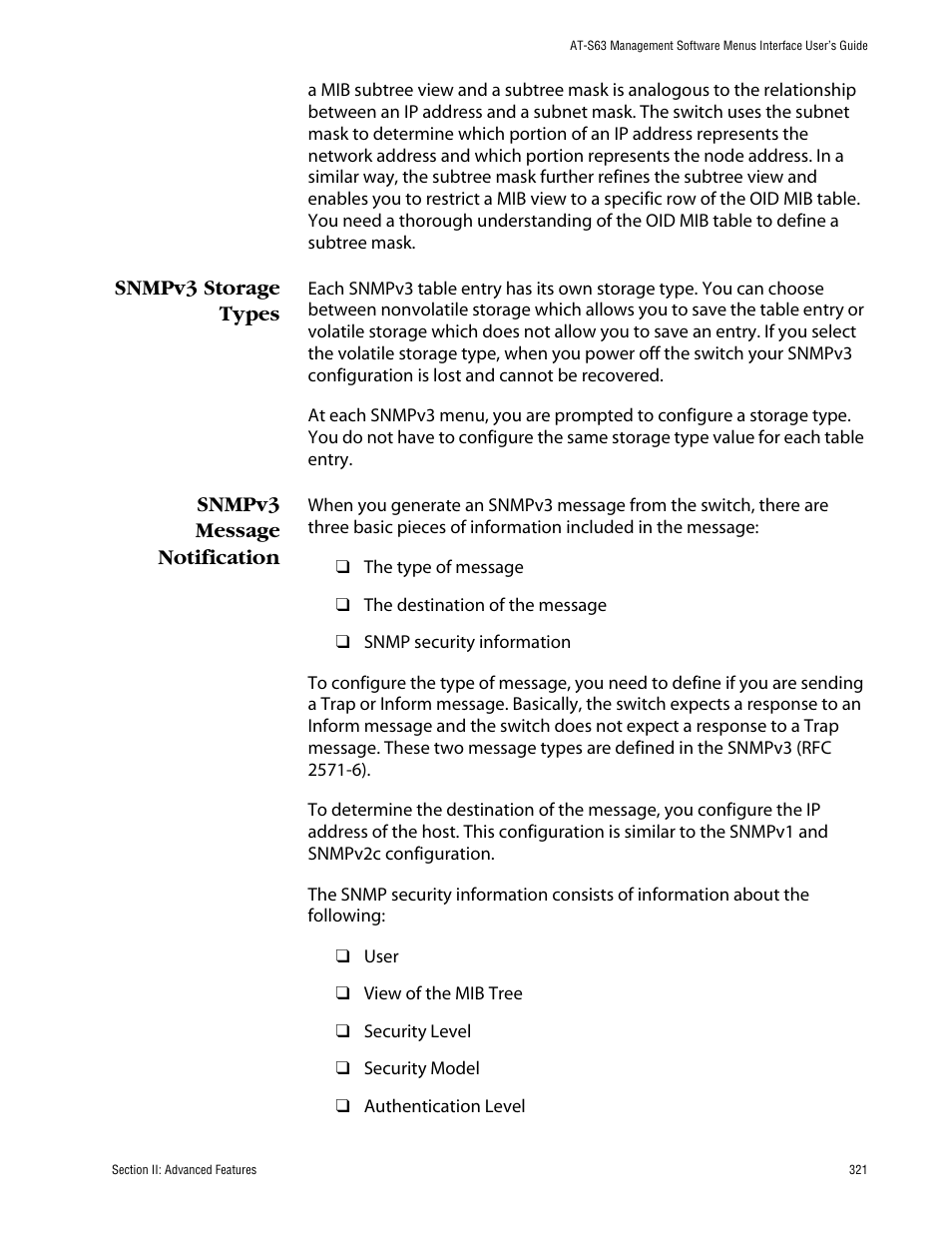 Snmpv3 storage types, Snmpv3 message notification, Snmpv3 storage types snmpv3 message notification | Allied Telesis AT-S63 User Manual | Page 321 / 710