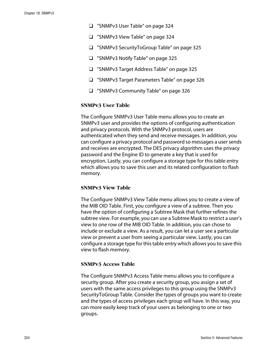 Snmpv3 user table, Snmpv3 view table, Snmpv3 access table | Allied Telesis AT-S63 User Manual | Page 324 / 710