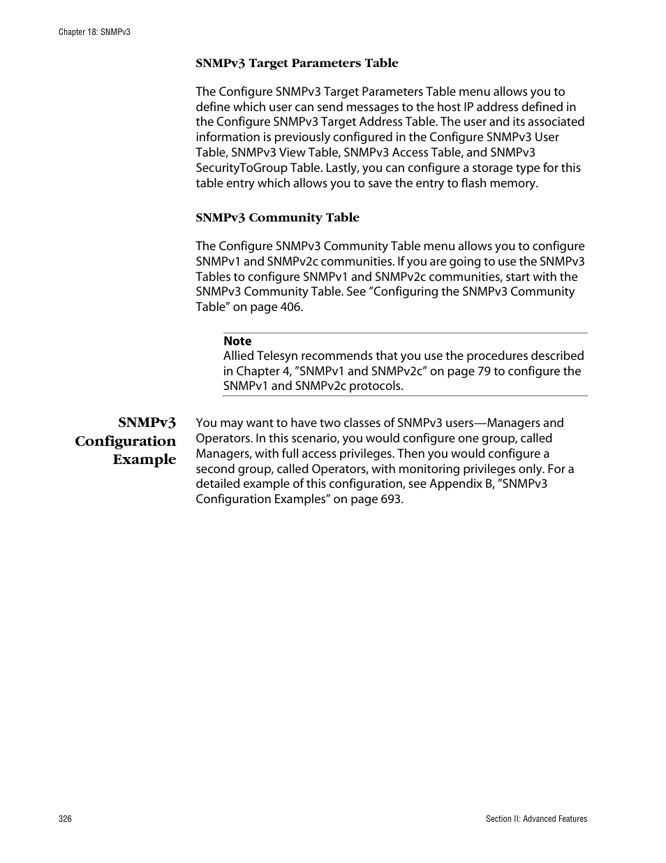 Snmpv3 target parameters table, Snmpv3 community table, Snmpv3 configuration example | Allied Telesis AT-S63 User Manual | Page 326 / 710