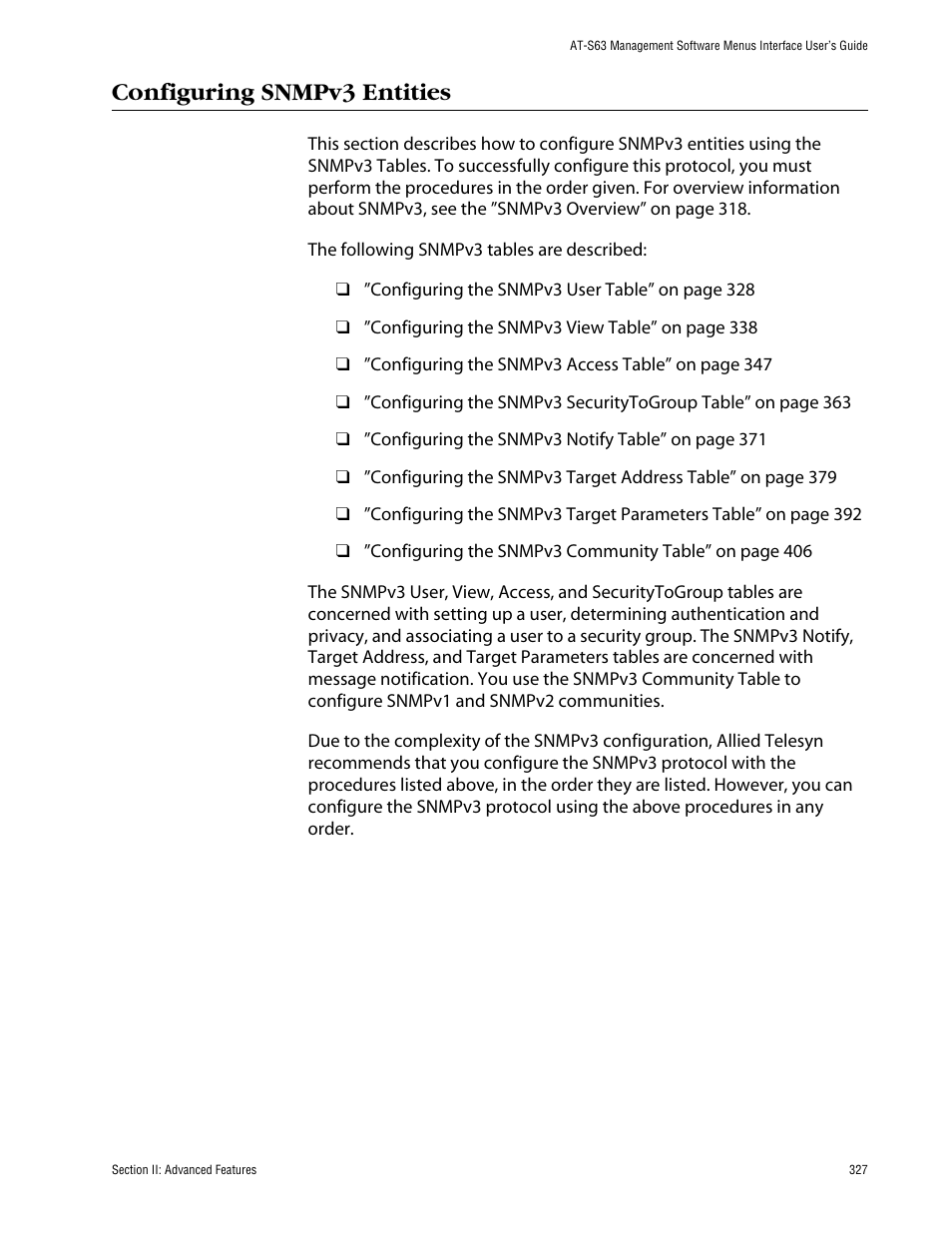 Configuring snmpv3 entities | Allied Telesis AT-S63 User Manual | Page 327 / 710