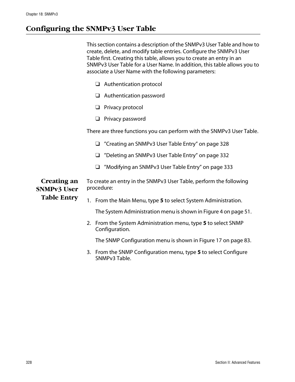 Configuring the snmpv3 user table, Creating an snmpv3 user table entry | Allied Telesis AT-S63 User Manual | Page 328 / 710